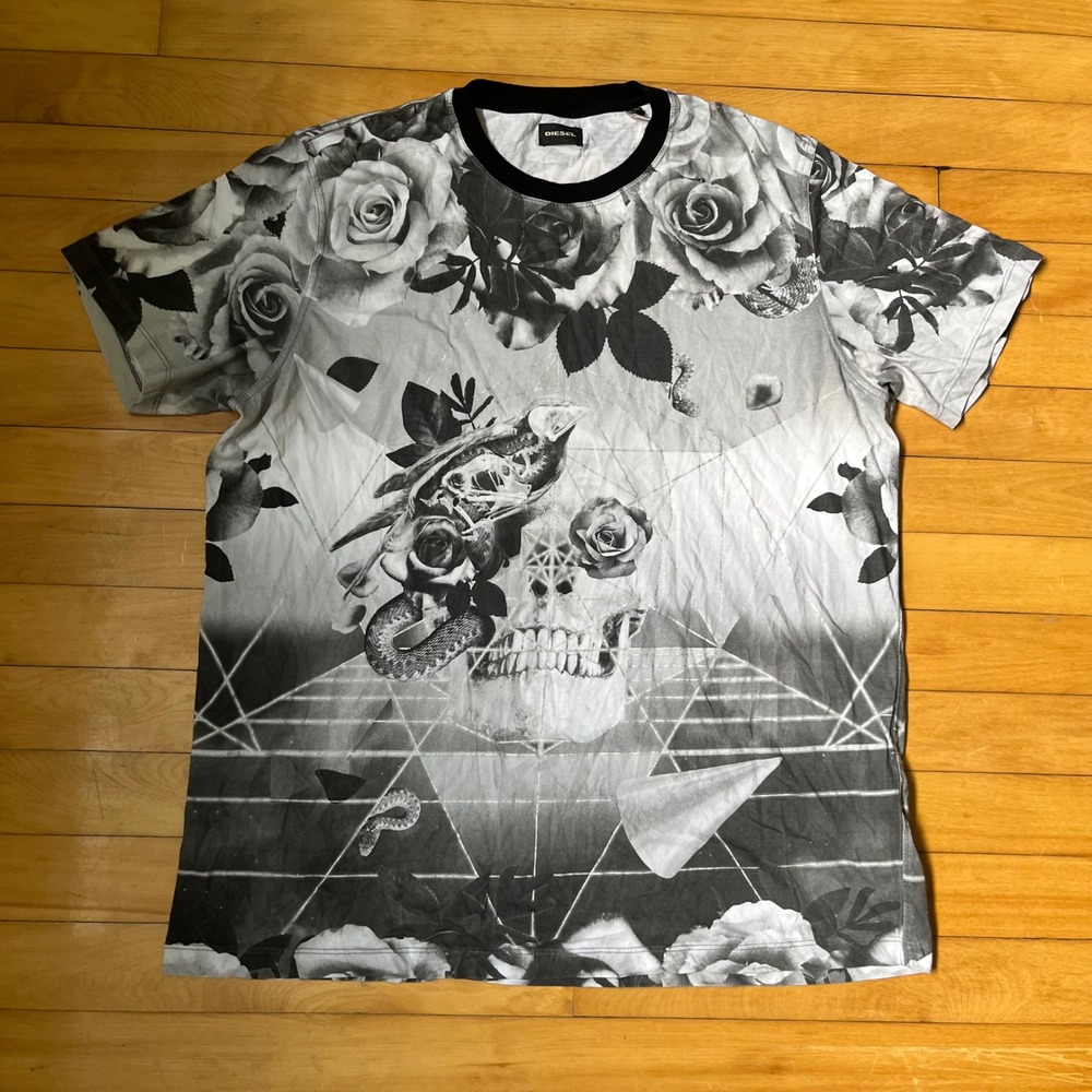 Diesel Mens XL Skull Rose Snake Geometric Graphic T-Shirt Grey Black Streetwear